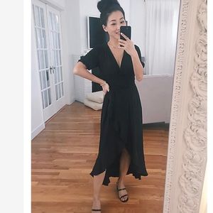 Black Smocked Waist Midi Dress